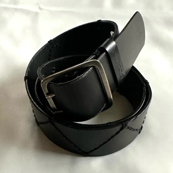 PRANA BLACK LEATHER STITCHED BELT STITCHED SILVER SQUARE BUCKLE SIZE-mens M - Picture 4 of 9